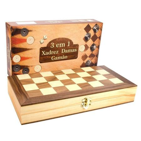 Tabuleiro De Madeira 3 Em 1 Xadrez / Dama E Gamão 29 X 29 Cm - Chess - Jogo  de Dominó, Dama e Xadrez - Magazine Luiza