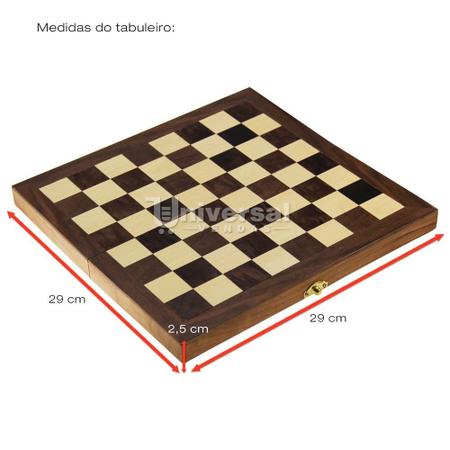 Jogo De Xadrez Dobrável Dama + Gamão Tabuleiro Madeira 29x29 - Universal  Vendas - Jogo de Dominó, Dama e Xadrez - Magazine Luiza