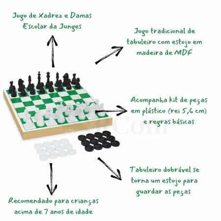 Jogo De Xadrez E Damas Escolar Junges Em Madeira Com Estojo Ref-714  Crianças +7 Anos - Jogo de Dominó, Dama e Xadrez - Magazine Luiza