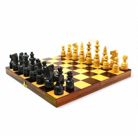 Jogo de xadrez madeira maciça tabuleiro estojo marchetado rei 08