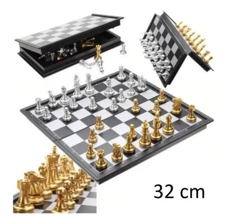 Tabuleiro Jogo de Xadrez Magnético com 32 Peças Douradas e