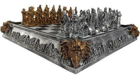 Jogo de Xadrez Medieval Luxo 32 Peças Prata e Dourado 35 x 35 cm