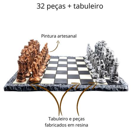 Jogo de Xadrez Tabuleiro 32 Peças Profissional Resina Medieval