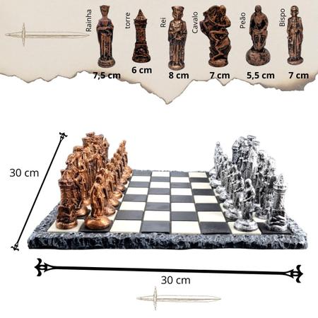 Jogo de Xadrez Coleção Medieval Resina Tabuleiro Rústico 32 Peças Temático