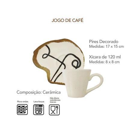 Imagem de Jogo de Xicara Cafe Cha Ceramica Pires Decorado Bege Marfim 2un