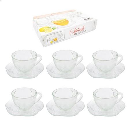 Jogo de xicara de vidro com pires para cha splash com 12 peças 200ml Imagem de Jogo de xicara de vidro com pires para cha splash com 12 peças 200ml