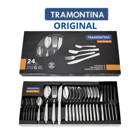 Faqueiro Jogo De Talheres Tramontina Tulum Aço Inox 24 Peças Laranja Kit c/ Garfo  Faca Colher Pote Plástico Multiuso – Minha Loja Pessoal