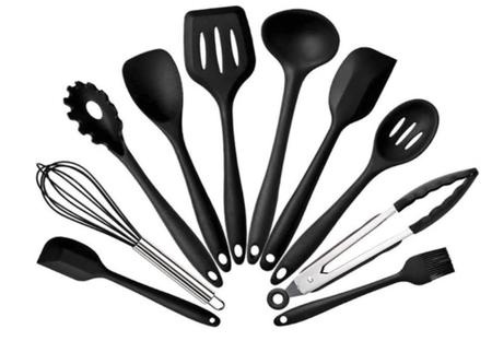 Imagem de Jogo Kit 10 Utensílios Silicone Preto Cozinha Colher Pegador Concha Espátula Pincel