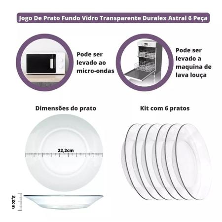 Imagem de Jogo Kit 6 Pratos Fundo Astral Redondo Duralex Vidro Transparente Reforçado
