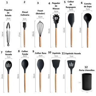 Imagem de Jogo Kit C/12 Peças Utensílios De Cozinha Colheres Espatula Silicone Cabo Madeira Decoração Livre BPA