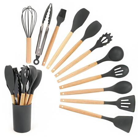 Imagem de Jogo Kit Com 12 Peças Utensílios De Cozinha Colheres Espatulas Pegador Silicone Copo Suporte