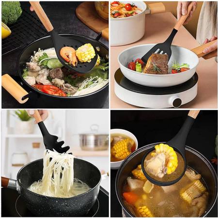 Imagem de Jogo Kit Com 12 Peças Utensílios De Cozinha Colheres Espatulas Pegador Silicone Copo Suporte