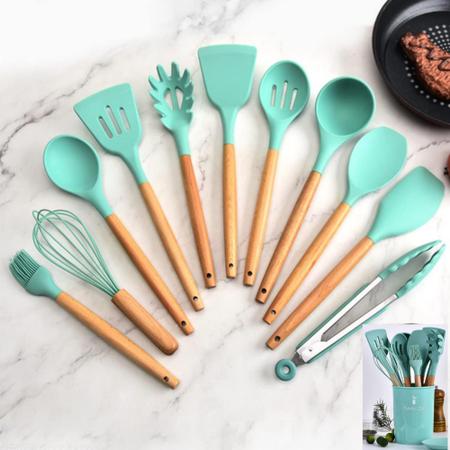 Imagem de Jogo Kit Com 12 Peças Utensílios De Cozinha Colheres Espatulas Pegador Silicone Copo Suporte