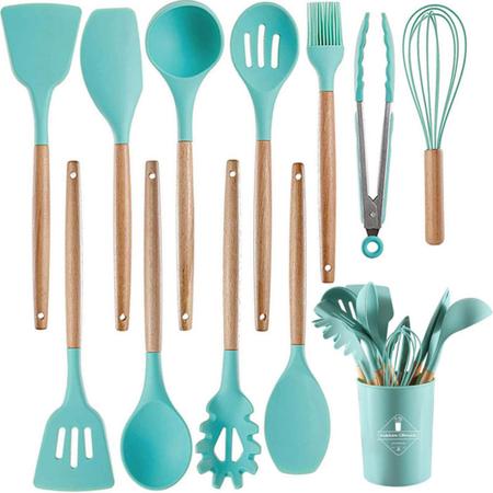 Imagem de Jogo Kit Com 12 Peças Utensílios De Cozinha Colheres Espatulas Pegador Silicone Copo Suporte