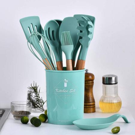 Imagem de Jogo Kit Com 12 Peças Utensílios De Cozinha Colheres Espatulas Pegador Silicone Copo Suporte