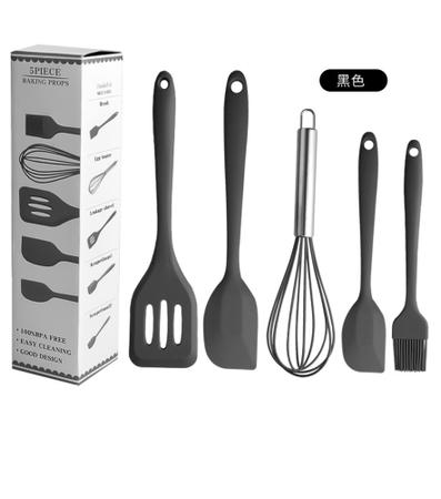 Imagem de Jogo Kit Com 5 Peças Talheres Utensílios De Cozinha Em Silicone Colher Espátula Livre BPA