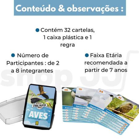 Jogo p/ Aprendizagem E Diversão 32 Cartas Super Trunfo Aves - Grow - Jogos  de Cartas - Magazine Luiza