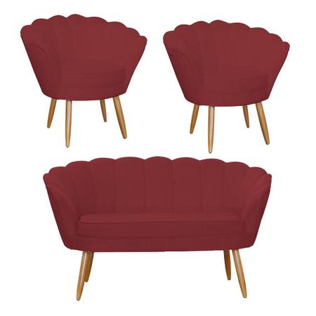 Imagem de Jogo Pétala Namoradeira e 2 Poltronas Estofada Para Recepção Suede Vermelho Bordo - DL Decor