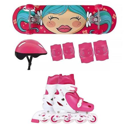 Jogo Skate Infantil Rosa Com Capacete + Patins Roller Rosa M - MOR