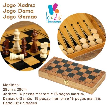 Jogo Tabuleiro 3 em 1 Xadrez Dama Gamão Peças em Madeira - Kids