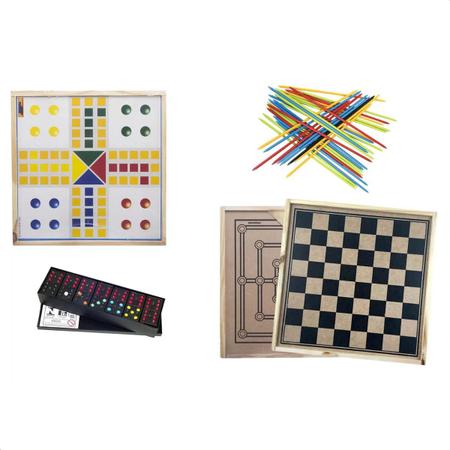 Jogo 5 Em 1 Dama-Dominó-Trilha-Velha-Ludo - Alegria Brinquedos