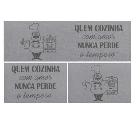 Jogo Tapete Cozinha Preto Algodão Antiderrapante 3 Peças Chefe Cinza