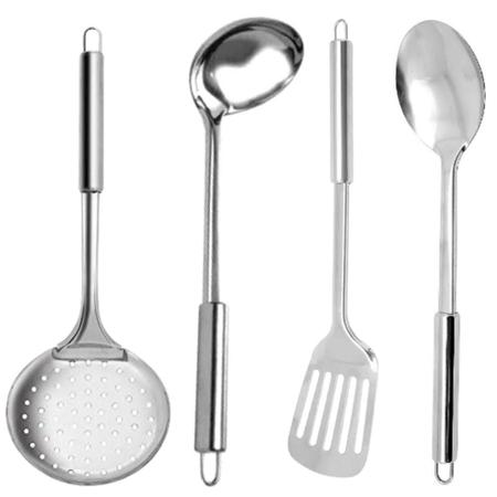 Imagem de Jogo Utensílios de Cozinha Kit 4 Peças Aço Inox Escumadeira Colher Espatula e Concha