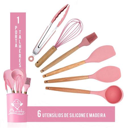 Jogo de Utensílios Cozinha Silicone e Madeira Premium 7 Peças