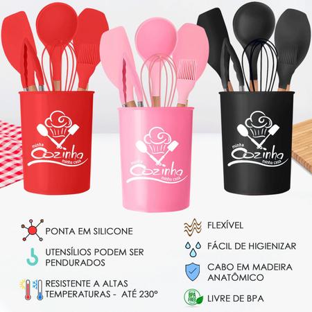 Jogo de Utensílios Cozinha Silicone e Madeira Premium 7 Peças