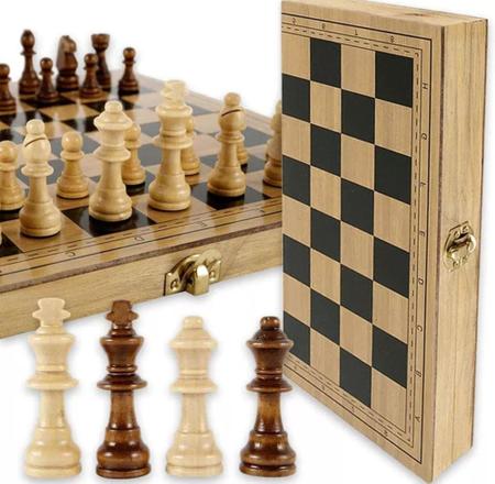 Jogo 3 em 1 de Xadrez, Dama e Gamão Tabuleiro de Madeira com 34 x 34 cm –  Bilharmais®