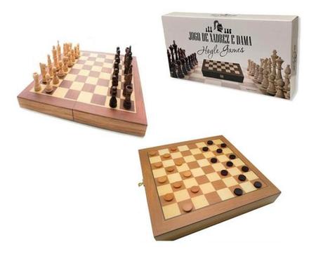 Tabuleiro de jogo em madeira - Xadrez e Dama - Contendo peças de dama em