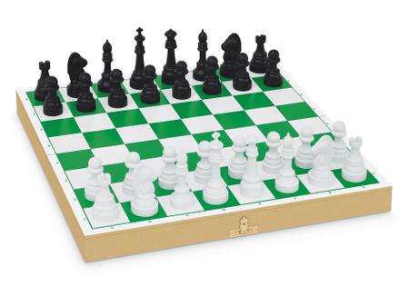 Imagem de Jogo xadrez e damas escolar caixa de madeira com fecho
