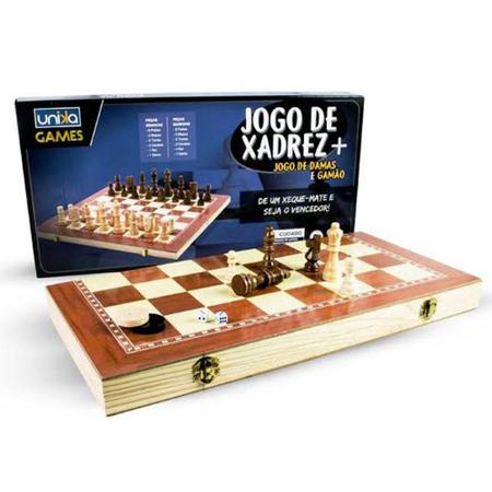 Jogo De Xadrez Dobrável Dama + Gamão Tabuleiro Madeira 29x29 - Universal  Vendas - Jogo de Dominó, Dama e Xadrez - Magazine Luiza