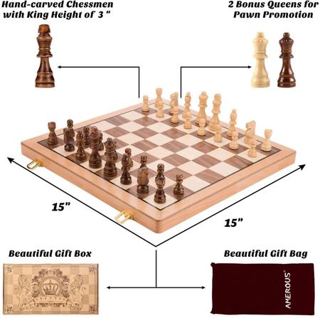 Conjunto de xadrez e xadrez de madeira de 38 cm, conjuntos de xadrez  magnético Peradix – 2 Rainhas extras, jogos de tabuleiro 2 em 1 com  tabuleiro dobrável e compartimentos de armazenamento