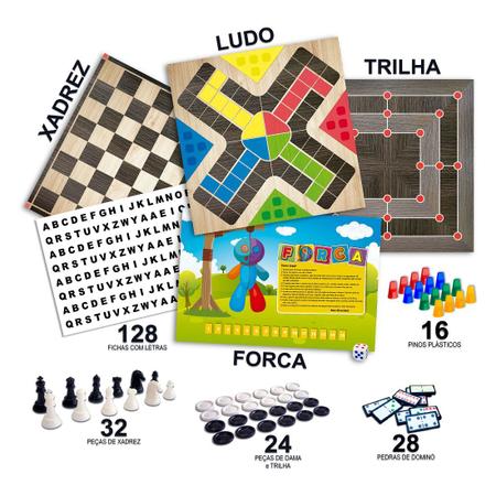 Jogos Clássicos 6 em 1 Xadrez, Ludo, Dama, Trilha, Forca e Dominó Pais e  Filhos – Bilharmais®