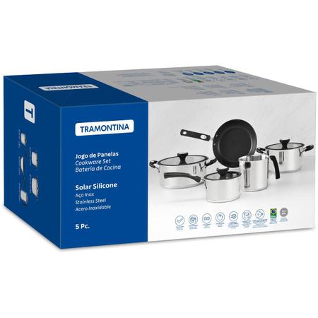 Jogos de Panelas Tramontina Indução Inox Solar Silicone 5 Pç Imagem de Jogos de Panelas Tramontina Indução Inox Solar Silicone 5 Pç