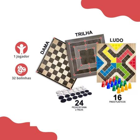 Jogos infantil de tabuleiro damas, ludo trilha caixa madeira