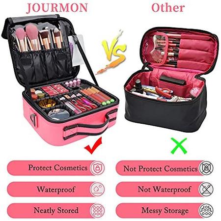 Imagem de JOURMON Travel Makeup Bag Train Case Cosmetic Case Organizer Portable Artist Storage Bag com divisórias ajustáveis para cosméticos Pincéis de maquiagem Joias Acessórios digitais (Hot Rose, S)