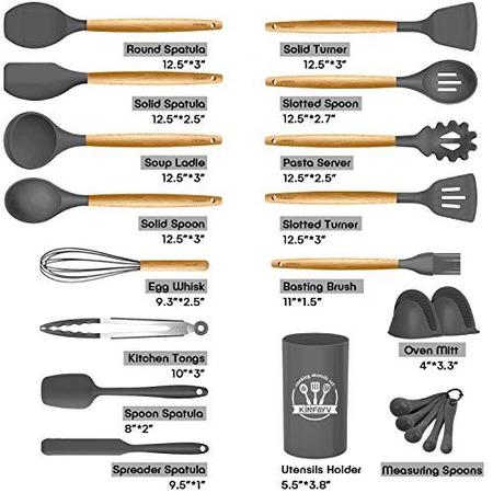 Kinfayv Silicone Cooking Utensils Kitchen Utensil Set, 21 Pcs Wooden Handle Nontoxic BPA Free Silicone Spoon Spatula Turner T