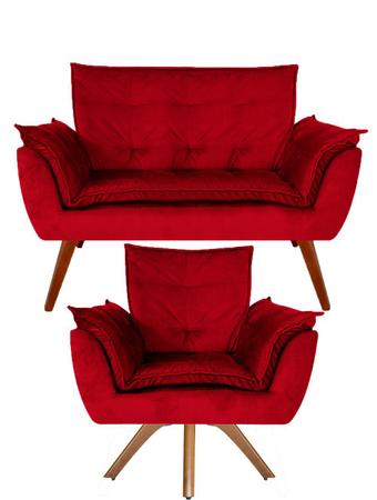 Imagem de Kit 01 Namoradeira + 01 Poltrona Decorativa Opala Base Giratória Suede Vermelho - MeularDecor