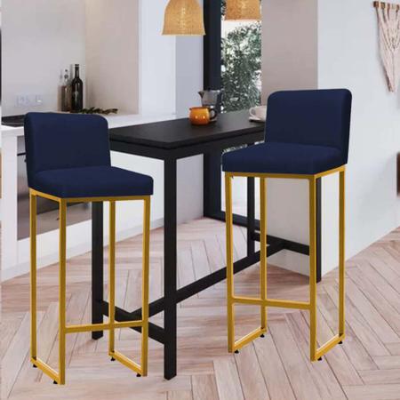 Imagem de Kit 02 Banqueta Alta Com Encosto Lucca -60cm chão até o assento Industrial Ferro Dourado Suede Azul Marinho - Ahz Móveis