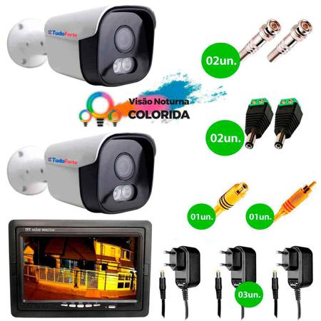 Imagem de Kit 02 Câmeras Full Color Tudo Forte Full HD 1080p + Tela Monitor 7 polegadas LCD Colorido + Acessórios