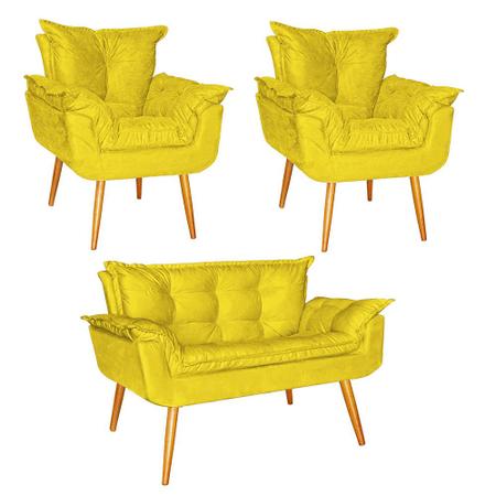 Imagem de Kit 02 Poltrona e Namoradeira Opala Para Quarto Sala Recepção Suede Amarelo - Ninho Decor