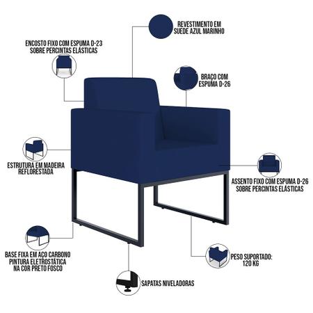 Imagem de Kit 02 Poltronas Decorativas Sala Recepção Base Fixa Metal Helô L02 Suede Azul Marinho - Lyam Decor