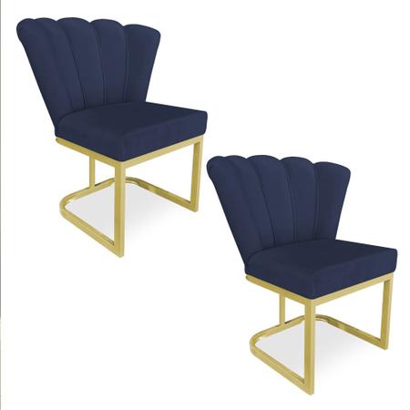 Imagem de Kit 02 Poltronas Flor Veludo Azul Marinho Base Metálica Industrial Dourado - Pallazio