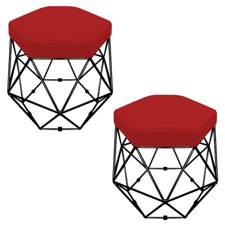 Imagem de Kit 02 Puffs Banco Decorativo Aramado Hexagonal Base Eiffel Preta Suede Vermelho - Desk Design