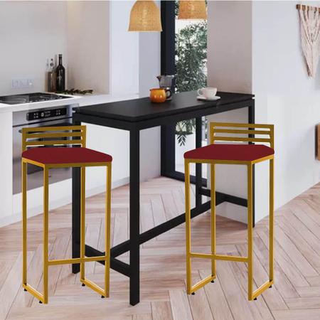 Imagem de Kit 03 Banqueta Alta Com Encosto Núria Balcão Bar Cozinha Bistrô Ferro Dourado material sintético Vermelho - Ahazzo Móveis