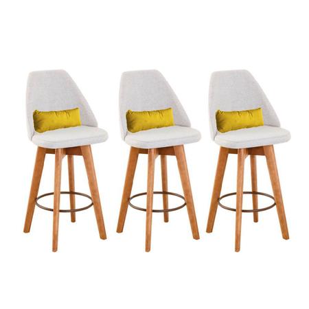 Imagem de Kit 03 Banquetas Alta Maya Giratória Com Encosto Linho Bege Claro e Almofada Suede Amarelo - Gat Magazine