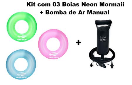 Imagem de Kit 03 Boias infláveis neon Mormaii+ Bomba de Ar Manual Bel fix