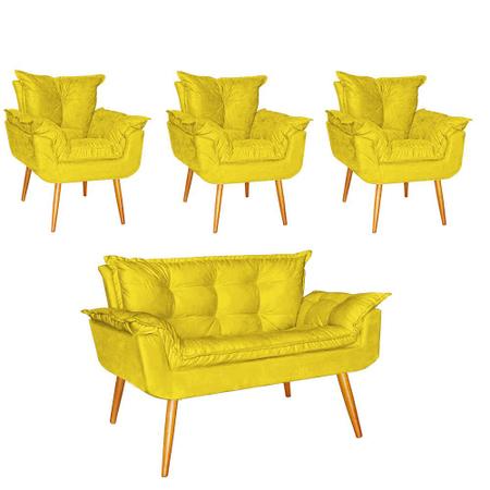 Imagem de Kit 03 Poltrona e Namoradeira Opala Para Quarto Sala Recepção Suede Amarelo - Ninho Decor